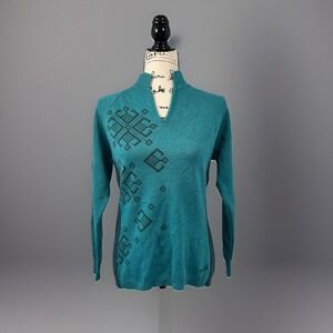 Woolrich Womens Sweater S Teal‎ Blue Diamond Pattern Knit Mock Neck Pullover